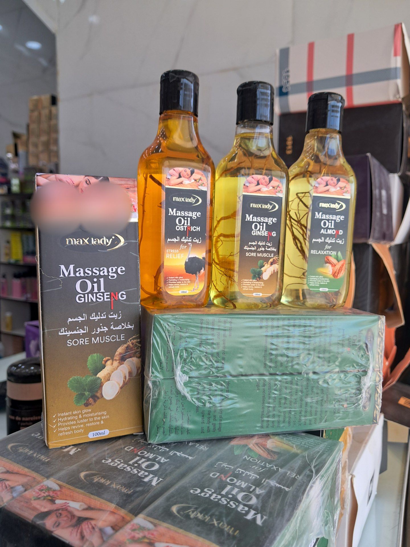 روغن ماساژ بدن مکس لیدی اصل اورجینال دو مدل بادام و جنسینگ  شتر مرع